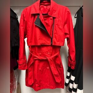 Italian red and black trench coat with ornate buttons and belt